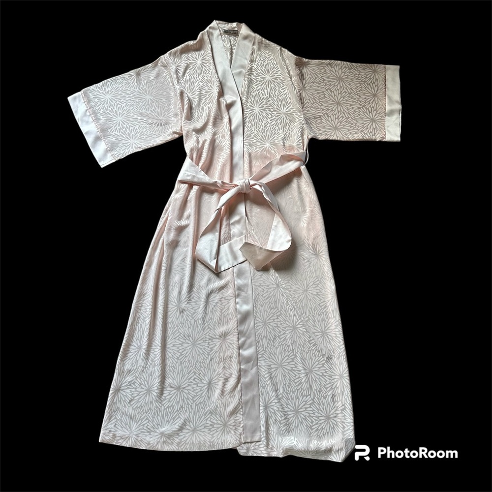 Vintage Georgette Trabolsi Floral Pink Peach Full Length Robe W/ Tie Pockets‎